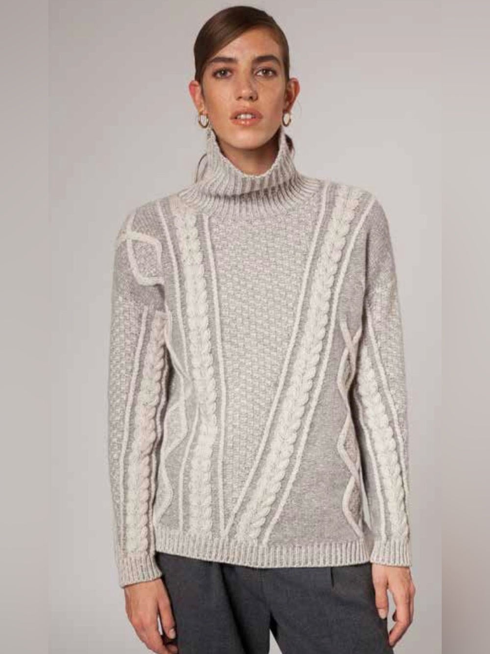 EUC Fisherman Out of Ireland Size Small (S) Cable Turtleneck Sweater Cream Gray